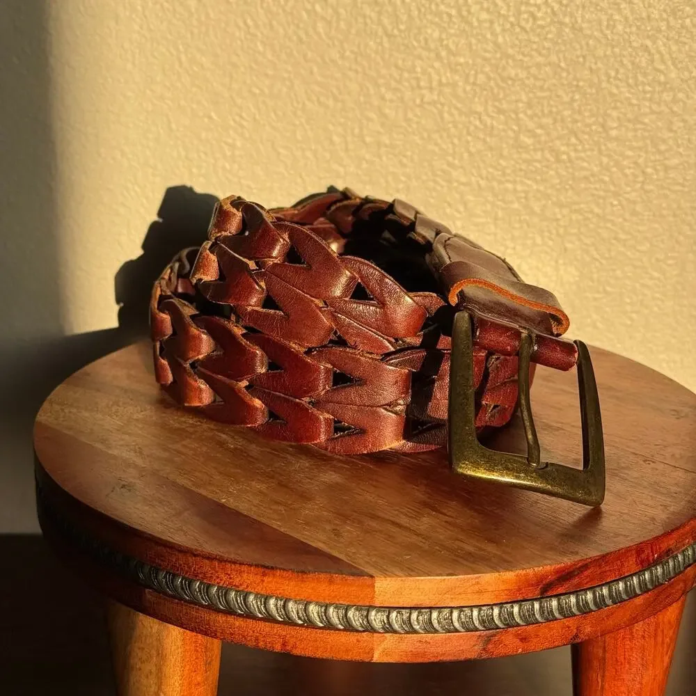 Vintage Brown Braided Leather Belt Brass Buckle Unisex Boho Western Rustic 45”